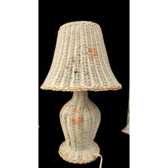 Vintage Wicker Table Lamp With Hand-Painted Floral Details & Shade - Picture 1 of 12